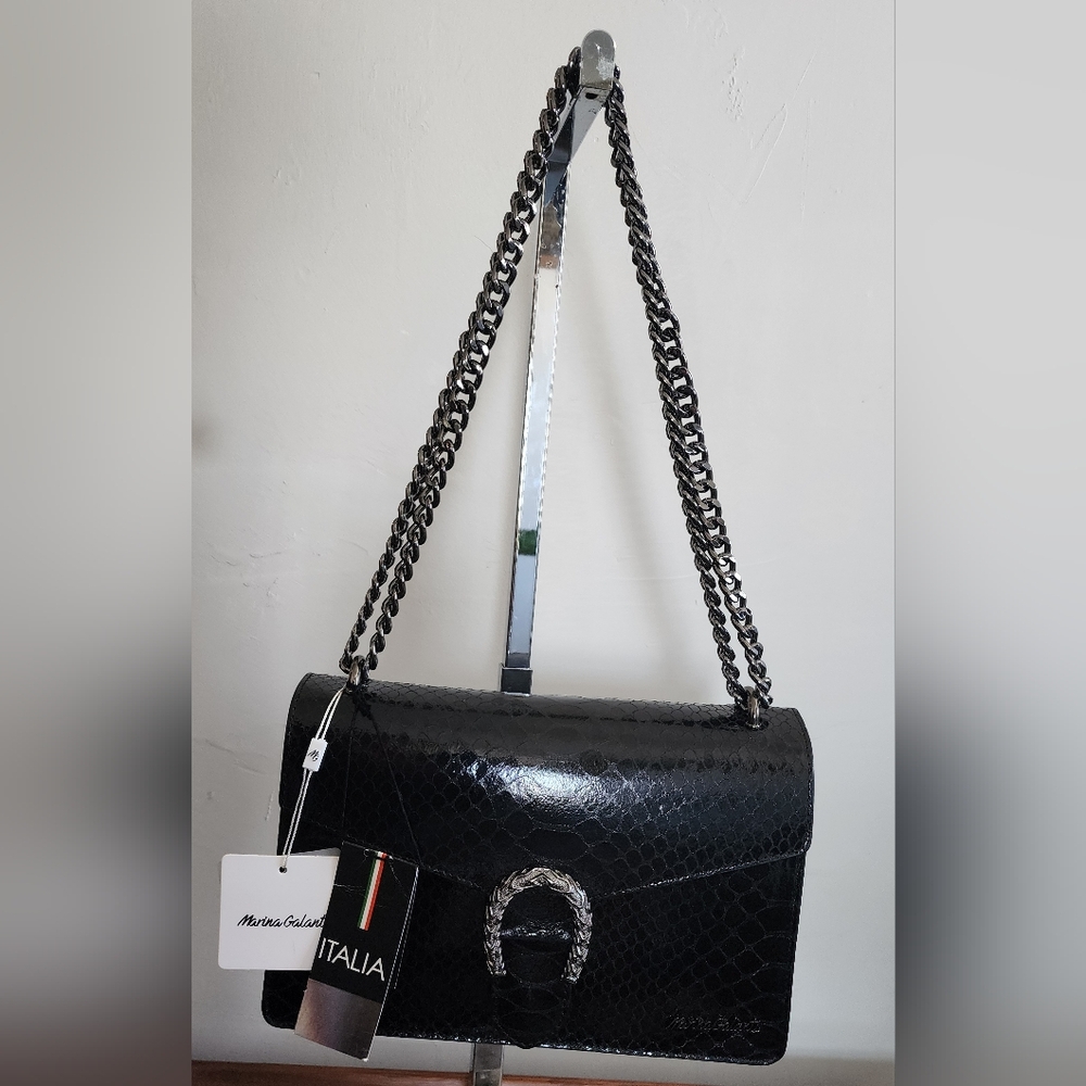 Marina Galanti Black Snakeskin Vera Pelle Italy Leather Shoulder Purse Horseshoe